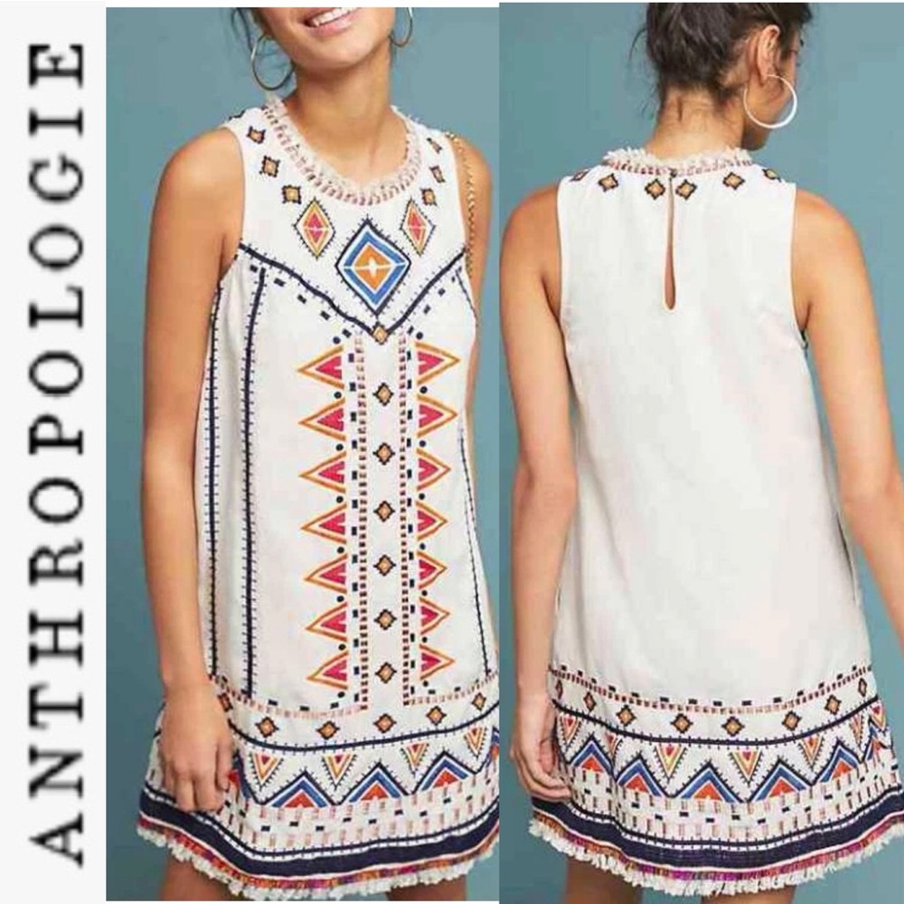 Anthropologie Akemi + Kim Regan Embroidered Shift Linen Blend Dress 0